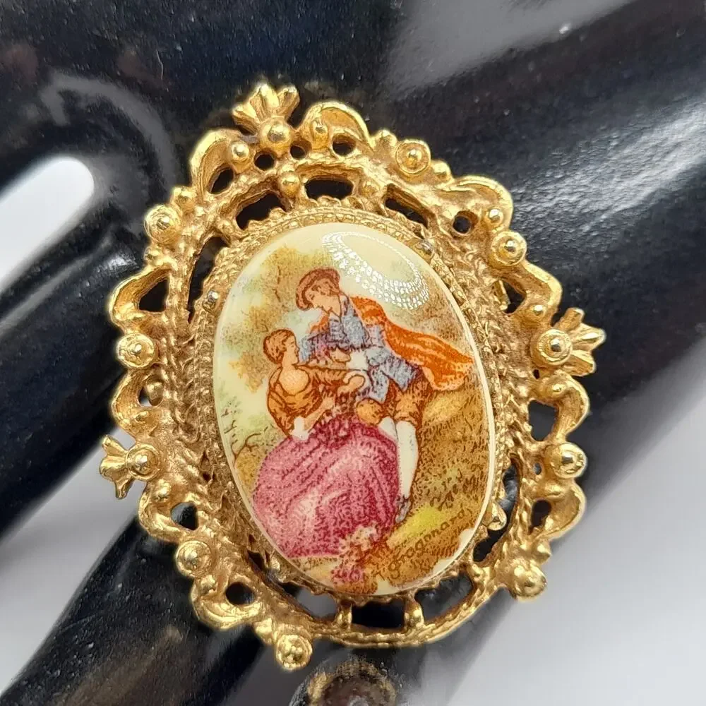 Vintage Courting Couple Porcelain Enamel Pin Brooch, 1960s, Signed